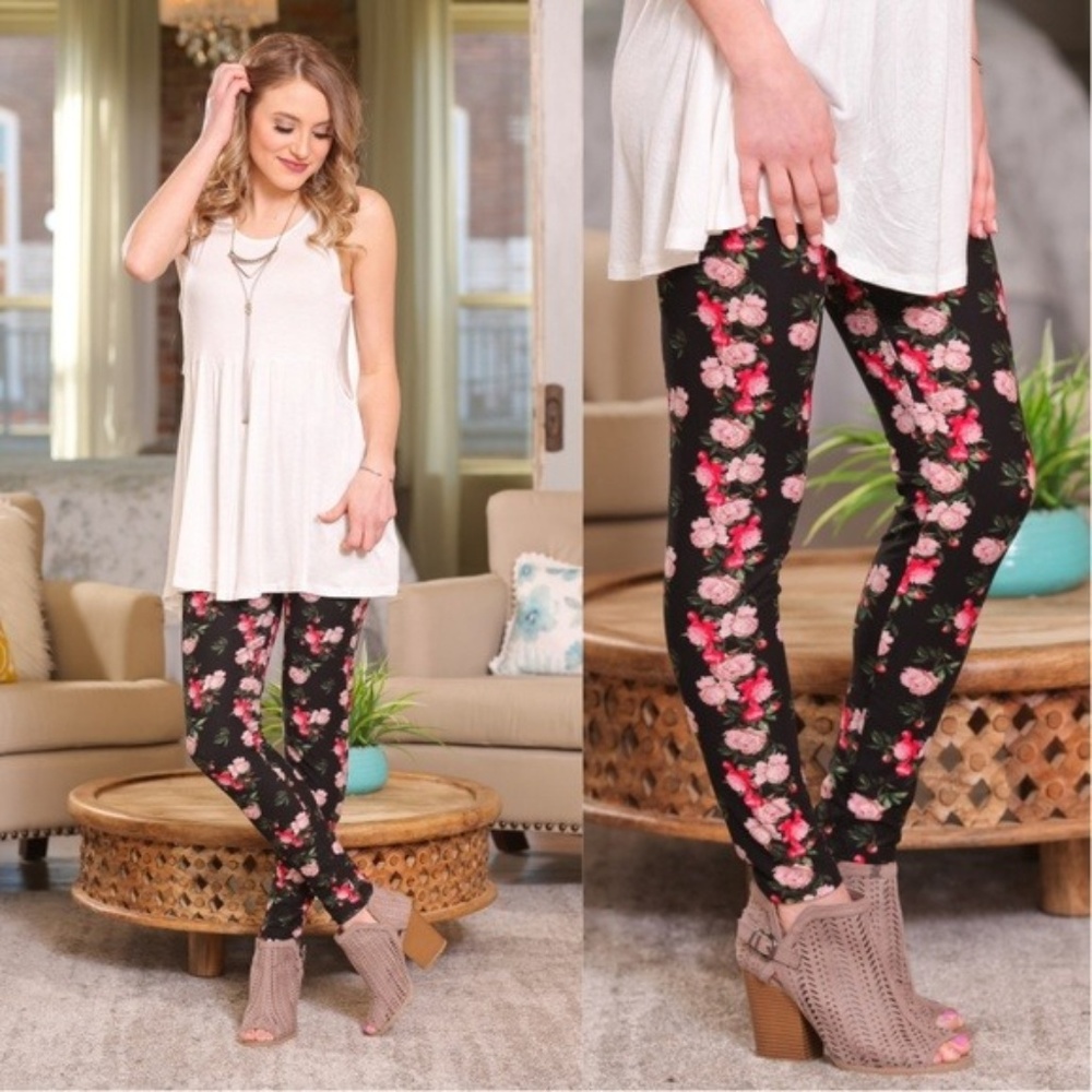 Black & Pink Floral Leggings